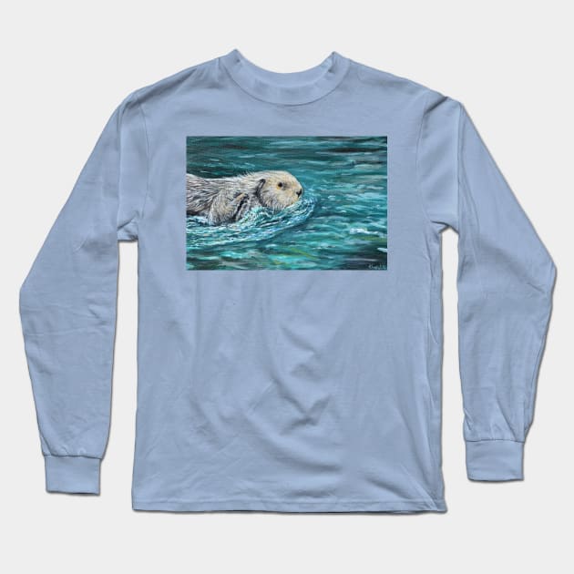 Ooh Goody Lunch Time Sea Otter Painting Long Sleeve T-Shirt by ArtbyKirstenSneath